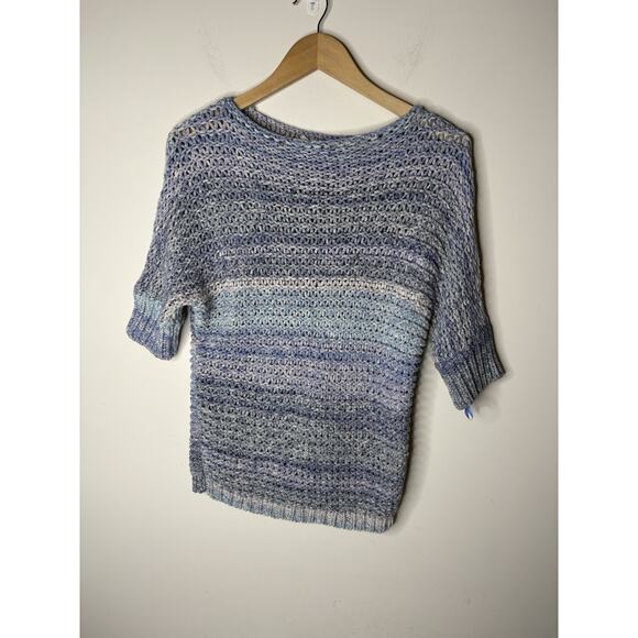 Chicos Size 1 US Med Sweater Open Weave Pullover Blue Hues Short Sleeve Layering - Picture 1 of 7